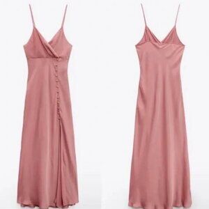 ZARA Midi Spaghetti Strap Slip Dress - Pink - Small